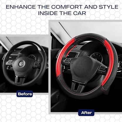 Skechers Air-Cooled Steering Wheel Cover, Leather Car Steering Wheel Cover Universal Fit 14" 1/2-15" Car Wheel Protector for Men Women Fit Suvs,Vans,Sedans,Car,Trucks,Red - color: Red