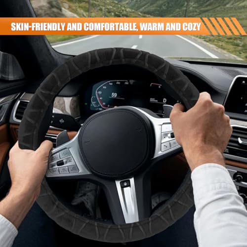 Car Steering Wheel Cover, 15" Fluffy Plush Auto Steering Wheel Elastic Protector, Warm in Winter, Breathable Anti-Slip Vehicle Interior Decoration Accessories for Most Cars (Black)