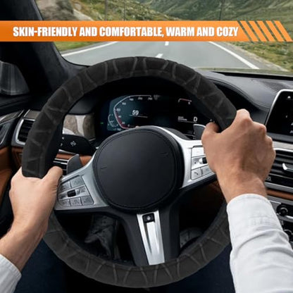 Car Steering Wheel Cover, 15" Fluffy Plush Auto Steering Wheel Elastic Protector, Warm in Winter, Breathable Anti-Slip Vehicle Interior Decoration Accessories for Most Cars (Black)