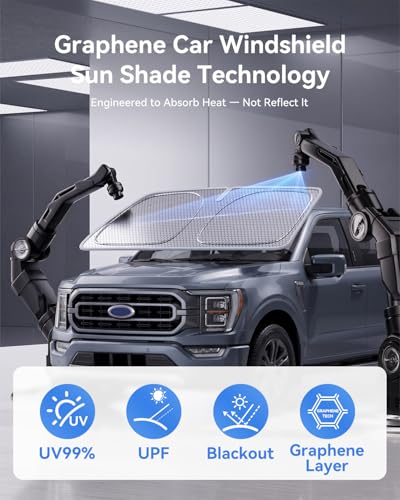 helloleiboo Windshield Sun Shade for Ford F-150 & Toyota Tundra 2021-2026 Graphene Honeycomb Heat Shield with UV Protection Foldable Custom Fit Front Window Sunshade Silver 69" x 35" - size: For Ford F-150 & Toyota Tundra (2021-2026)