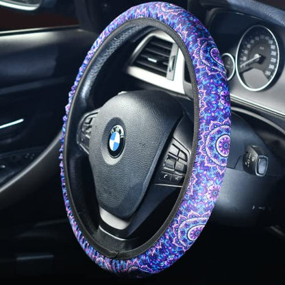 4 Pieces Mandala Purple Lotus Steering Wheel Cover Set with 2pcs Car Cup Coasters & Quarter Keyring, Cute and Fashionable Non-Slip Purple Steering Wheel Cover, Universal Fit 14-15.5 inches