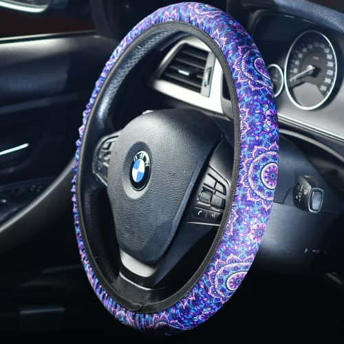 4 Pieces Mandala Purple Lotus Steering Wheel Cover Set with 2pcs Car Cup Coasters & Quarter Keyring, Cute and Fashionable Non-Slip Purple Steering Wheel Cover, Universal Fit 14-15.5 inches - color: Purple Mandala