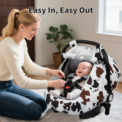 Elstey Car Seat Cover Baby, Minky Dot Carseat Covers Baby Boys Girls, Lightweight Infant Car Seat Cover Canopy with 2 Layers Breathable Mesh Windows, Stroller Carrier for Babies Newborn Essentials - color: Brown Black Cow