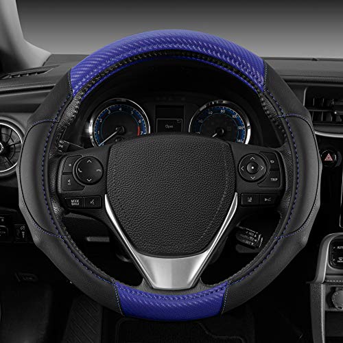 BDK GripDrive Carbon Fiber Steering Wheel Cover, Non-Slip Sporty Racing Faux Leather Ergonomic Comfortable Handle, Steering Wheel Cover for Cars Trucks Vans SUV - Fits Standard 15 Inch - Blue