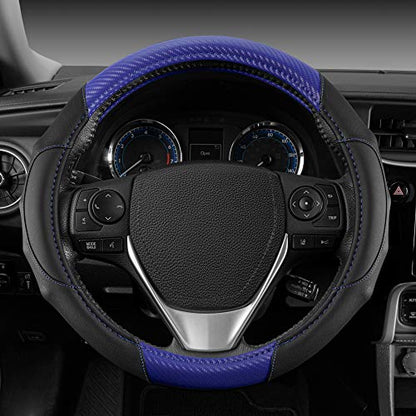 BDK GripDrive Carbon Fiber Steering Wheel Cover, Non-Slip Sporty Racing Faux Leather Ergonomic Comfortable Handle, Steering Wheel Cover for Cars Trucks Vans SUV - Fits Standard 15 Inch - Blue