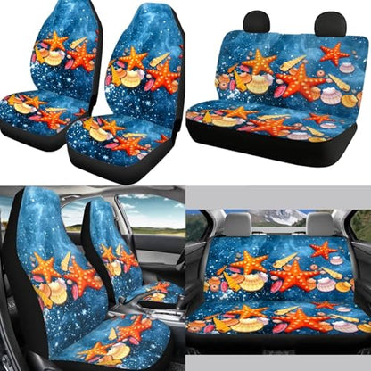 Beach Starfish 12 Pack Car Seat Covers Full Set Steering Wheel Covers Set Handbrake Gear Cover Car Accessories Set for Cars Seat Covers Fit for Truck Vans Suvs - color: Beach Starfish