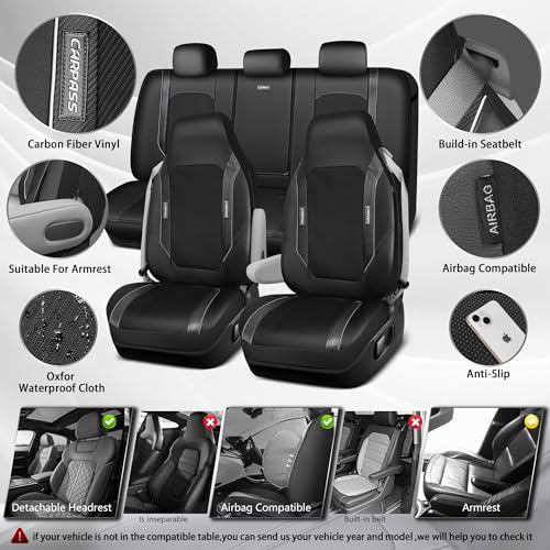 CAR PASS Faux Leather High Back Seat Covers Full Set, Sporty Waterproof Automotive Seat Covers, Anti Slip Airbag Compatible Universal Fit for Most Sedans Trucks Vans Suvs, All Black - color: Solid Black Full Set