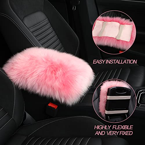 LLB Auto Center Console Cover Pad Universal Fit for SUV/Truck/Car, Genuine Sheepskin Wool Fur Car Armrest Seat Box Cover, Furry Fluffy Auto Armrest Cover Protector (Pink) - color: Pink