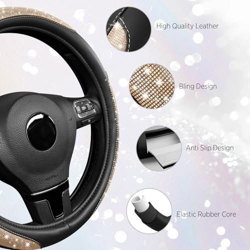 Road Comforts Pixel Glitter Steering Wheel Cover, 14.5–15 Inch Leather Steering Wheels Snug Fit, Anti-Slip Leather Grip, Elegant Sparkle Design, Universal Fit - Golden