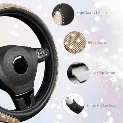 Road Comforts Pixel Glitter Steering Wheel Cover, 14.5–15 Inch Leather Steering Wheels Snug Fit, Anti-Slip Leather Grip, Elegant Sparkle Design, Universal Fit - Golden