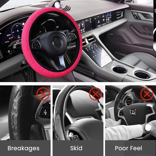 Elastic Stretch Car Steering Wheel Cover, Comfortable Steering Wheel Cover Universal for 14.5-15 Inch, Warm in Winter & Cool in Summer, Anti-Slip Breathable Ice Silk (Rose Red) - color: Rose Red