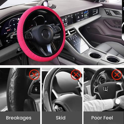 Elastic Stretch Car Steering Wheel Cover, Comfortable Steering Wheel Cover Universal for 14.5-15 Inch, Warm in Winter & Cool in Summer, Anti-Slip Breathable Ice Silk (Rose Red) - color: Rose Red