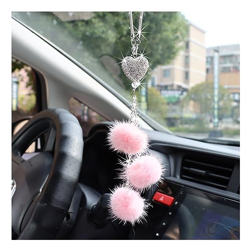 Ziciner Bling Diamond Heart Car Interior Accessories, Heart & Pink Plush Ball Decor Ornament Pendant, Hanging Decoration Charm (Pink) - color: Pink