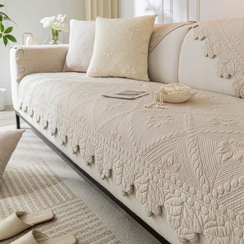 Cotton Quilted Dog Couch Cover for Sofa Farmhouse Rustic Embroidery Sectional Couch Cover Soft Anti-Slip Sofa Slipcover Furniture Protector for Kids, Pets (Khaki,28"x28") - color: Khaki, size: 28"x28"/Armrest or Backrest Cover