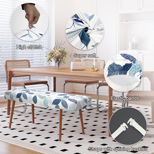 Stretch Bench Cover, Seat Cushion Protector, Washable Slipcover, Printed Rectangle Cover for Dining Room, Living Room, Kitchen - color: Blue-and-white Leaves