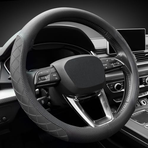 Nappa Leather Steering Wheel Cover, Elegant Diamond Checkered Design, Non-Slip wear-Resistant, Enhance Driving Comfort, Suitable for Steering Wheel Diameter 14 1/2‘-15’ Models.Black - color: Black