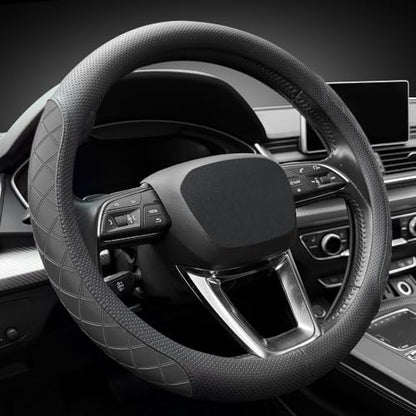Nappa Leather Steering Wheel Cover, Elegant Diamond Checkered Design, Non-Slip wear-Resistant, Enhance Driving Comfort, Suitable for Steering Wheel Diameter 14 1/2‘-15’ Models.Black - color: Black