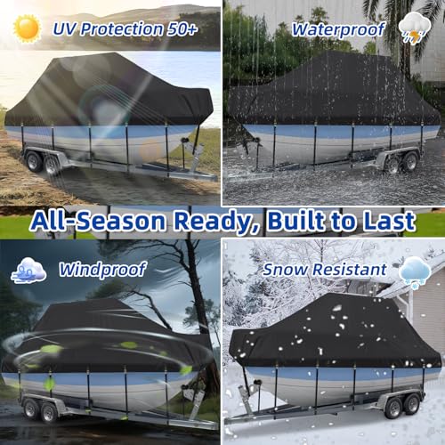 Marine Grade Waterproof Center Console Boat Cover with T Top Roof, Tear Resistant Trailerable Storage Covers, All-Weather Protection T-Top Boat Cover 22-24 ft, Beam Width Up to 106", Black - color: Black, size: 22'-24' Long (Beam Width Up to 108")