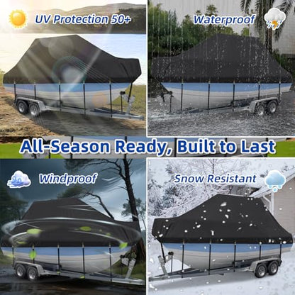 Marine Grade Waterproof Center Console Boat Cover with T Top Roof, Tear Resistant Trailerable Storage Covers, All-Weather Protection T-Top Boat Cover 24-26 ft, Beam Width Up to 106", Black - color: Black, size: 24‘-26' Long (Beam Width Up to 112")