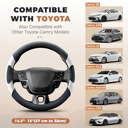 West Llama Customized Auto Car Steering Wheel Cover for Toyota Camry 2006-2026, Microfiber Leather, Anti-Slip, 14.5-15inch, Black + White - color: A-Black+White
