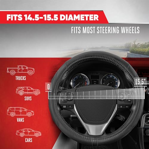 Motor Trend GripDrive Faux Black Leather Steering Wheel Cover for Car Truck Van SUV, Small 14 inch Size, Solid Black Stitched Car Steering Wheel Cover Vehicle & Auto Accessories