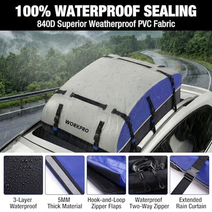 WORKPRO 21 Cubic Feet Rooftop Cargo Carrier Roof Bag, Waterproof Roof Rack Cargo Carrier for Vehicles with/Without Rack, Heavy Duty 840D PVC, Includes Anti-Slip Mat, 6 Door Hooks and Storage Bag