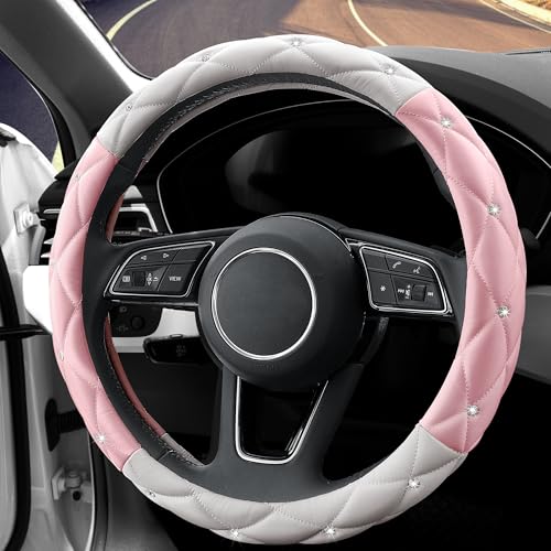 YOGURTCK Cute Diamond Soft Leather Steering Wheel Cover with Bling Bling Crystal Rhinestones, Universal 15 Inch for Women Girls, Fit Vehicles, Sedans, SUVs, Vans, Trucks - Light Pink and White - color: A-Baby Pink and White