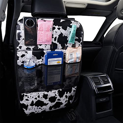 Cow Print Car Seat Back Kick Protectors,2 Pack Kick Mats with Storage Pockets,Car Accessorise(Cow Print)