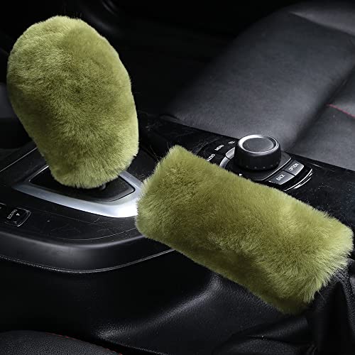 Fluffy Natural Fur Sheepskin Car Gear Shift Handle Level Stick Knob Covers for Automobile Selector Handball Collar, Handbrake Cover (Pea Green)