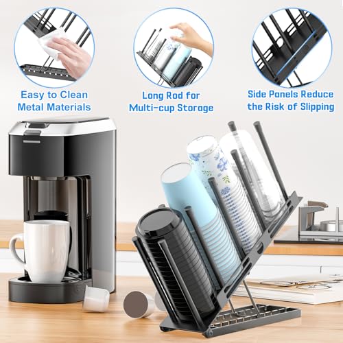 Adjustable Coffee Cup and Lid Holder,4 Compartment Metal Countertop Disposable Cup Dispenser Organizer for Coffee Bar Station Home Office Breakroom(Black)