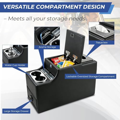 Center Console Between Seats for Minivans, SUVs, Middle Vans & Trucks with Locking & Tissue Box, 20 ''(L) × 9.84''(W) × 13''(H) Universal Floor Center Console(Black), No-Drill installal