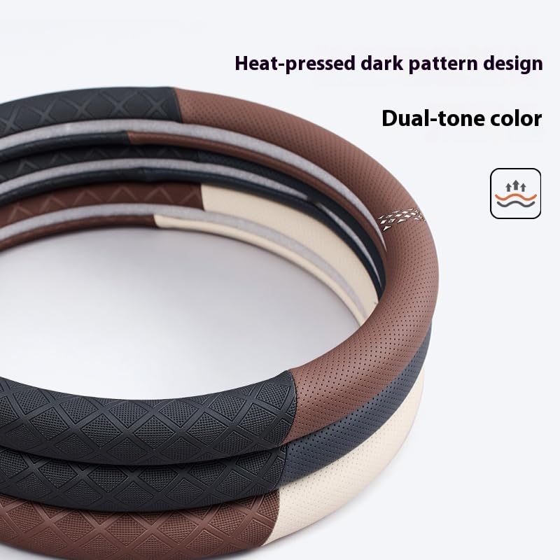 Ultra-Thin Napa Leather Steering Wheel Cover with 3D Anti-Slip Diamond Grip, Breathable Non-Bulky Design, Universal Fit 15 Inch for Cars & SUVs - color: White&Coffee