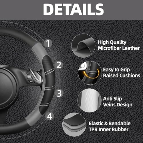 NBTEPEM 6 Pcs Grey Car Accessories Set, Sport Leather Steering Wheel Cover 14.5-15inch Universal, Microfiber Leather Car Center Console Cover, Seat Belt Cushion, Cup Holder Coaster (Black-Grey)