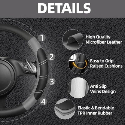 NBTEPEM 6 Pcs Grey Car Accessories Set, Sport Leather Steering Wheel Cover 14.5-15inch Universal, Microfiber Leather Car Center Console Cover, Seat Belt Cushion, Cup Holder Coaster (Black-Grey)