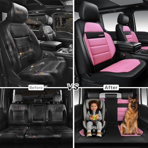 CAR PASS Memory Foam Seat Covers Full Sets, Airy Cool Mesh Thick Car Seat Covers Women, Leather Car Seat Covers 5 Seats Airbag Compatible, Universal Automotive Comfort for Cars, Trucks, SUV, Pink - color: pink