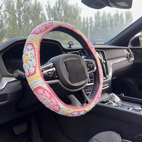 Handmade Crochet Pink Fower Granny Square Car Steering Wheel Covers Universal 14-15 inch for Women and Men (Steer Wheel Cover) - color: Steer Wheel Cover