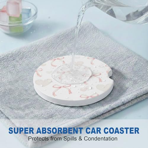 Ceramic Car Coasters, 2 Pack, 2.64" Absorbent Car Cup Holder Coasters, Cute Ceramic Car Coasters for Women, Heart Bow Pattern - color: Heart Bow
