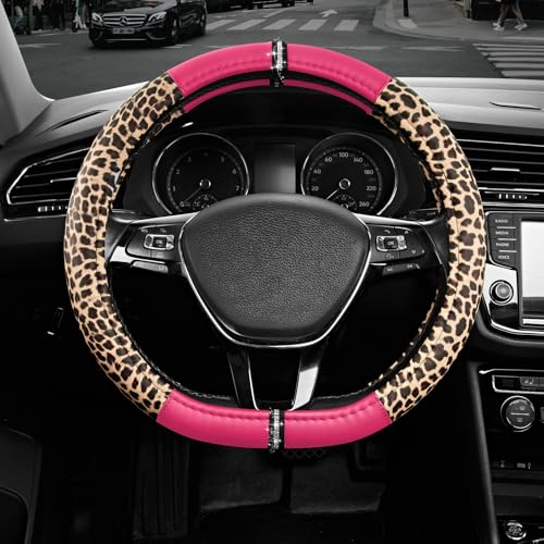 Road Comforts Leopard Steering Wheel Cover for Women, Cute Anti-Slip Microfiber Leather, Fits D Shape Flat Bottom Steering Wheel 14.5-15 Inch - HotPink - color: D Shape-HotPink