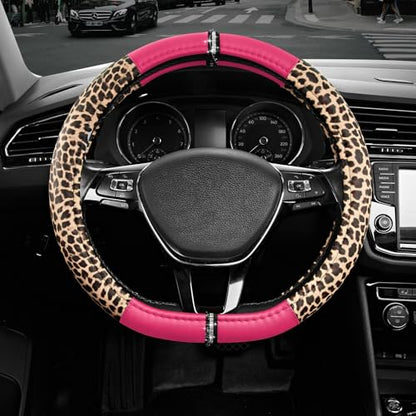 Road Comforts Leopard Steering Wheel Cover for Women, Cute Anti-Slip Microfiber Leather, Fits D Shape Flat Bottom Steering Wheel 14.5-15 Inch - HotPink - color: D Shape-HotPink
