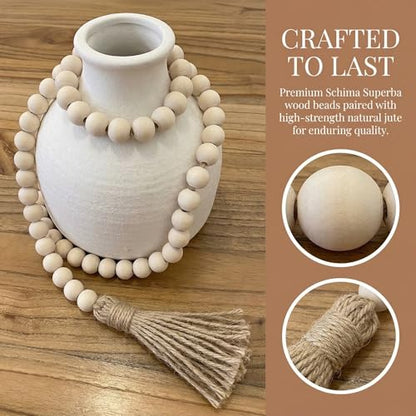 RGB World Farmhouse Beads Long Length Solid Wood Bead Boho Tassel Garland - Rustic Country Solid Beaded Boho Chic Decor for Wall, Above Cabinet & Table