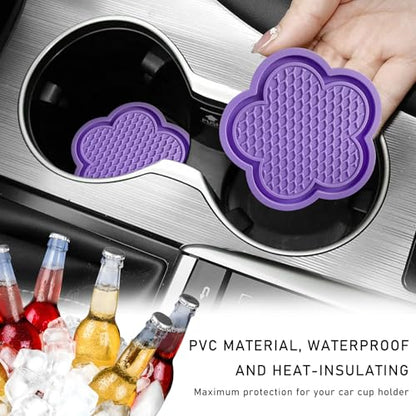 4 PCS Car Cup Coasters, Cute Flower Shaped Car Cup Holder Mat, PVC Waterproof Anti Slip Vehicle Cup Holder Insert Coaster, Universal Car Interior Decor Accessories (Purple)