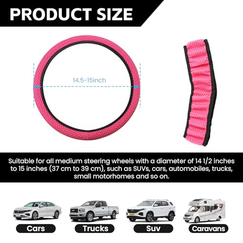 Elastic Stretch Car Steering Wheel Cover, Comfortable Steering Wheel Cover Universal for 14.5-15 Inch, Warm in Winter & Cool in Summer, Anti-Slip Breathable Ice Silk (Rose Red) - color: Rose Red