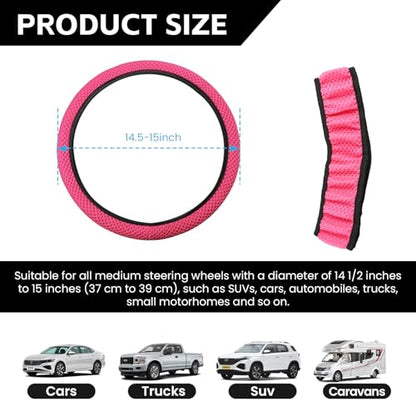 Elastic Stretch Car Steering Wheel Cover, Comfortable Steering Wheel Cover Universal for 14.5-15 Inch, Warm in Winter & Cool in Summer, Anti-Slip Breathable Ice Silk (Rose Red) - color: Rose Red