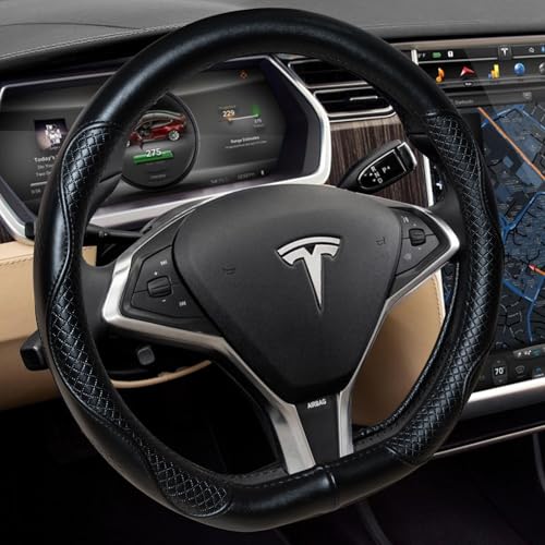Heavy Duty Pure Cowhide Steering Wheel Cover for Tesla Model Y/3 2016-2025 2026 Highland/Juniper, Black,14 Inch Small Sized, Custom-Fit Genuine Leather Steering Wheel Cover for Tesla Black - color: A-black-1