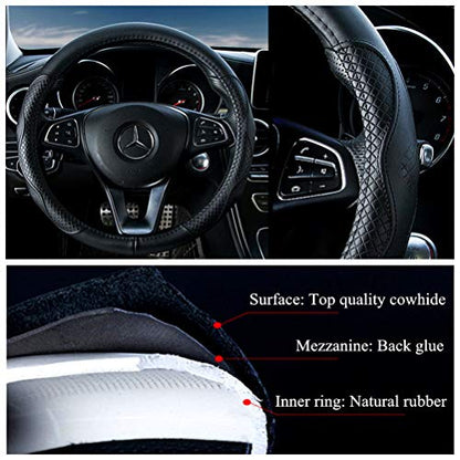 Black Leather Steering Wheel Cover Cowhide Wheel Cover Genuine Leather BMW Steering Wheel Cover Universal Size M / 15inch Fit Car/Auto/SUV (A-Black-M) - color: A-Black-M, size: M-15inch