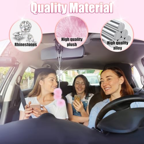 Bling Car Hanging Ornament, Bling Car Mirror Accessories for Women, Diamond Heart and Fuzzy Plush Ball, Car Accessories Hanging, Rear View Mirror Hanging Charm Pendant (White Heart, Pink Fluff)