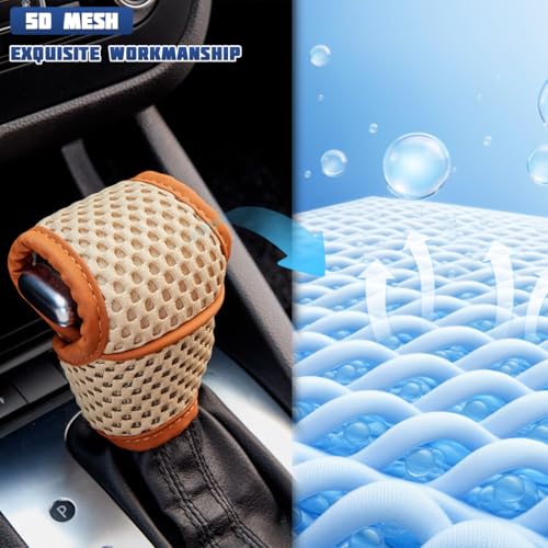 Car Gear Shift Knob Cover, Dust-Proof Soft Breathable Vehicle Manual Stick Handle Shifting Knob Protector, Automotive Interior Shift Lever Decoration, Universal Fit (Beige/Brown line)