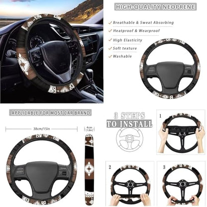Wanyint Aztec Brown 14 Pack Car Accessories Set, Universal Auto Seat Protector Steering Wheel Cover Seatbelt Strap Pad Trash Can Armrest Cover Pad Cup Holders Rearview Mirror Cover Handbrake Cover Set - color: Southwest Aztec Black Brown
