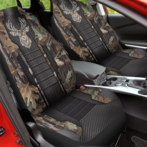 Camo Hunting Buck 2 Piece Car Front Seat Covers Only, Universal Washable Breathable, Waterproof Auto Seat Protector Cover - color: Green Camo hunting Buck