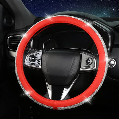 Bling Diamond Leather Steering Wheel Cover for Women Girls with Crystal Rhinestones, Universal Fit 14.5-15 Inch Car Steering Wheel Cover Accessories - color: Red